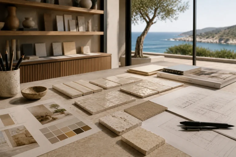 Luxury Mediterranean interior showcasing handcrafted ceramic wall tiles, architectural ceramic surfaces, natural stone flooring, custom wood cabinetry, and panoramic coastal views in a contemporary minimalist home.