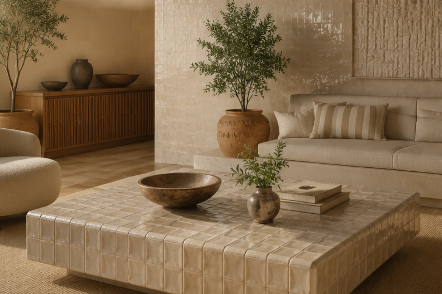 Elegant contemporary living room featuring a handcrafted ceramic coffee table, textured ceramic wall tiles, organic furnishings, natural wood cabinetry, and Mediterranean-inspired interior design with warm neutral tones.