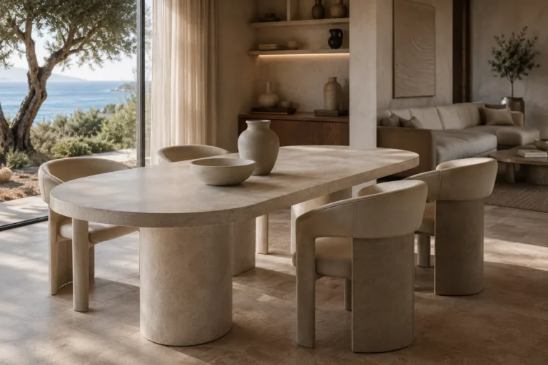 Handcrafted ceramic dining table in a contemporary Mediterranean interior featuring natural materials and timeless design