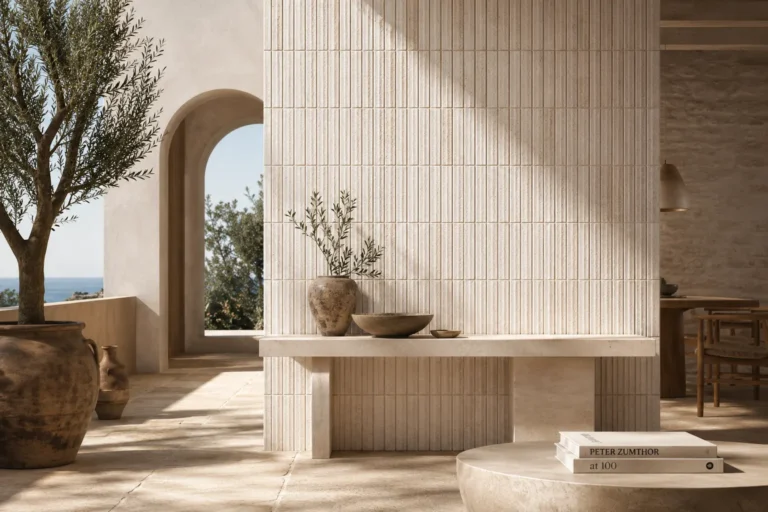 Sunlit Mediterranean-inspired contemporary interior featuring handcrafted ceramic wall tiles, textured ceramic surfaces, natural stone furnishings, artisanal pottery, and organic architectural elements that seamlessly connect indoor and outdoor living